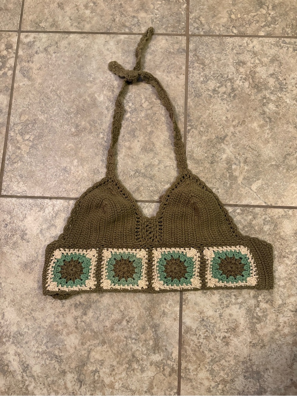 Olive Crochet Halter Crop Top with Cream & Teal Accent Squares